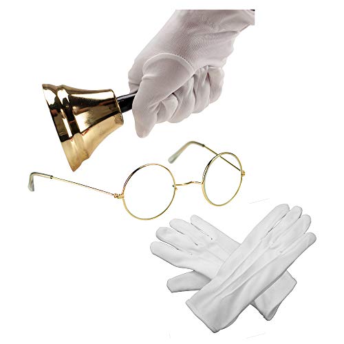 Sunnywood mens Santa Bell, Gloves and Glasses Accessory Set for Santa Claus Suit Costume Gold