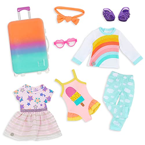 Glitter Girls – Suitcase & Fashion Set – Luggage with 3 Mix & Match Outfits & Heart Glasses – Rainbow Pajama, Swimsuit, Star-Print Dress – 14-inch Doll Clothes & Accessories for Kids Ages 3 and Up