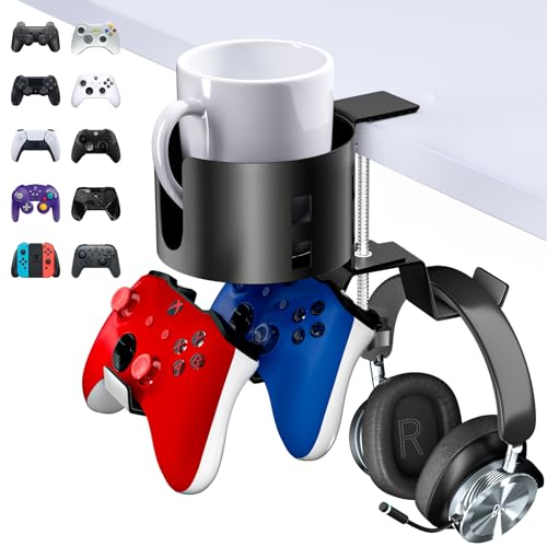 4 in 1 Desk Controller Holder, Headphone & Desk Cup Holder - Metal Dual Controller Holder w/Adjustable & Rotating Arm Clamp, Headphone Stand Under Desk, Compatible with Universal Headset, Controller
