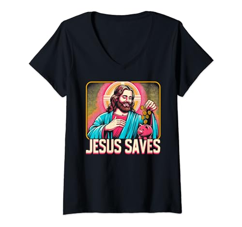 Retro Jesus Saves Money, Christian Bank Employee Piggy Bank V-Neck T-Shirt