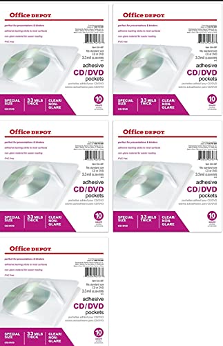 Office Depot Brand (TM) Adhesive CD/DVD Pockets, 3.3 Mils Thick, 10 Count (Combo Set of 5 Packages)