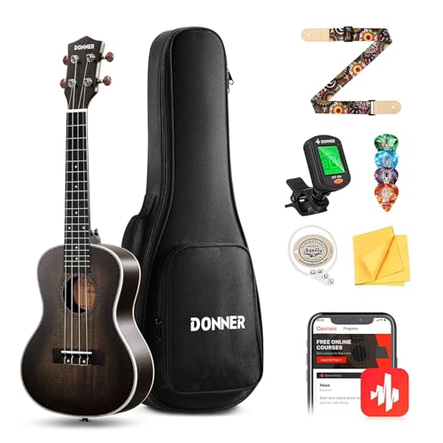 Donner Concert Ukulele Professional 23 Inch Mahogany Ukelele for Kid Adult Beginner Ukele Bundle with Online Lesson Gig Bag Aquila String Pick Tuner Strap Cloth DUC-200D Dark
