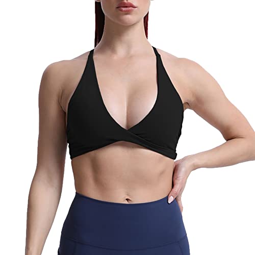 Aoxjox Women's Workout Sports Bras Fitness Backless Padded Sienna Low Impact Bra Yoga Crop Tank Top (Black, Medium)