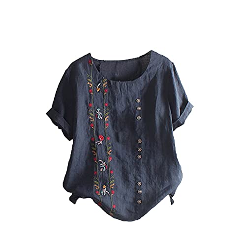 Women's Plus Size Cotton Linen Blouse Short Sleeve Embroidered Floral Print Shirts Casual Round Neck Button Tops Tunic