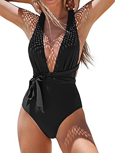 CUPSHE Women's One Piece Swimsuit Sexy Deep V Neck Black Tie Bathing Suit, S