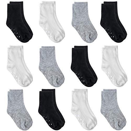 Tenpluszero 12 Pairs Non Slip Toddler Socks Crew Socks with Grips for Baby Boys Girls (Black,White,Grey, 4T/6T)