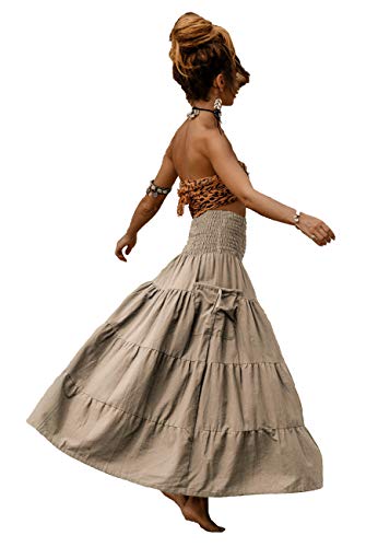 Thaluta Maxi Boho Skirt Long Pockets Cotton Hippie Bohemian Elastic Waist Gypsy Skirt Beige