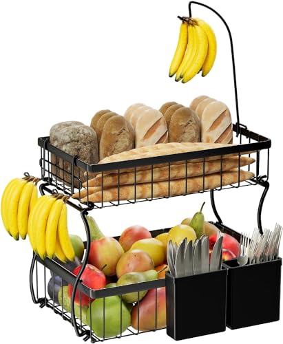 Simple Trending 2 Tier Fruit Basket Metal Wire with 3 Banana Hooks, Countertop Fruit Vegetable Basket Kitchen Organizer with Storage Box for Bread Snack Veggies Produce, Black