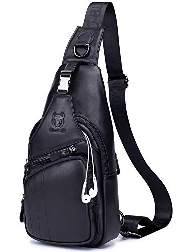 BULLCAPTAIN Cross body Bags for Men Leather Sling Bag Casual Daypacks Chest Bags Shoulder Bag Travel Hiking Backpacks (Black)