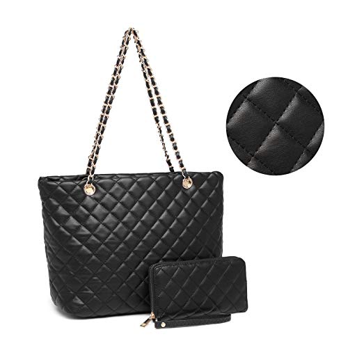 XB Quilted Tote Bag, Leather Tote Shoulder Bag for Women Black Handbags and Wrist Strap Long Purse 2pcs Set