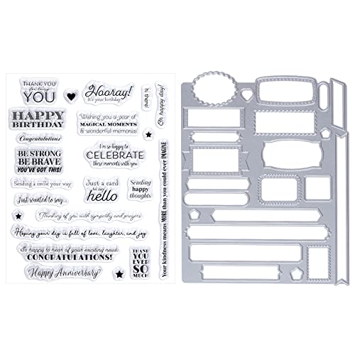 Sucrain 2pcs Metal Dies Cut and Clear Silicone Stamp, for Card Making Paper Craft Scrapbooking Album DIY, Sentiment Words Stencils Carbon Steel Embossing Template