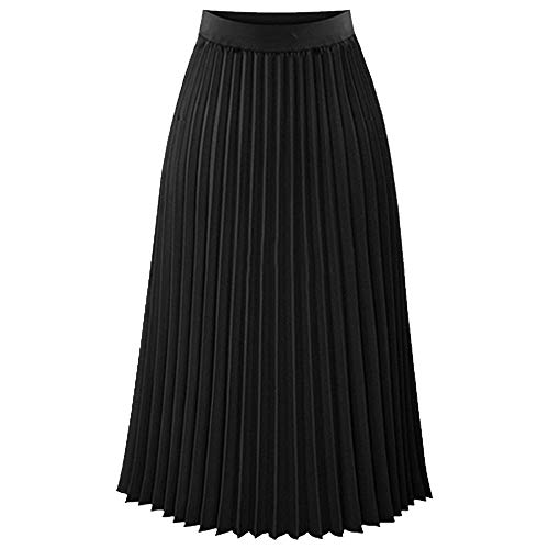 TEERFU Womens Ladies Summer Flared Pleated Skirt A-line Midi Skirts Black Large