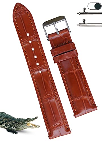 vinacreations 22mm Light Brown Alligator Belly Leather Watch Band Crocodile Strap Men Quick Release Premium Replacement Wristwatch Band Buckle Handmade by Vietnamese DH-06-22MM