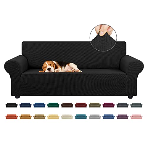 KEKUOU Stretch Sofa Cover Slipcover ，Couch Covers for 3 cushion couch sofa pet friendly (79'-94') Furniture Protector Sofa with Elastic Bottom for Kids,Dog, Jacquard Small Checked(Large,Black)
