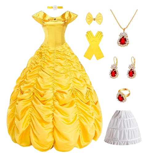 Akokvlar Yellow Princess Belle Costume for Women Adult Halloween Party Dress (Yellow, Medium)