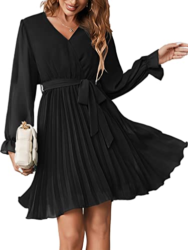Maroway Dresses for Wedding Guest, Womens V-Neck Wrap Cocktail Summer/Fall Dress Black Large