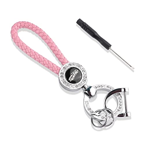 Bling Bling Leather Keychain,Universal Car Accessories Car Lanyard Key Fob Holder with Anti-lost D-ring and Screwdriver(Pink)