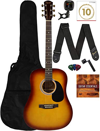 Fender Squier Dreadnought Acoustic Guitar - Sunburst Learn-to-Play Bundle with Gig Bag, Tuner, Strap, Strings, Winder, Picks, Online Lessons, and Austin Bazaar Instructional DVD