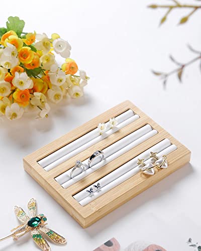 JAMEND CLXP Bamboo Wood Ring Display Holder Showcase Earrings Organizer Tray Idea Gift for Girls Women, Rectangle Jewelry Storage Stand with White PU Leather, 5.8' x 4' x 0.8', 3 Slots.