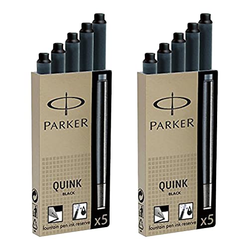 Parker Quink Permanent Ink Fountain Pen Refill Cartridges, 10 Black Ink Refills (3011031PP)