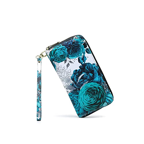LOVESHE Women's Wallet RFID Blocking Bohemian style Credit Card Zip Around Phone Clutch Large Travel Purse Wristlet Clutch Wallet Zipper Wallet For Women (DeepBlue-Flower)