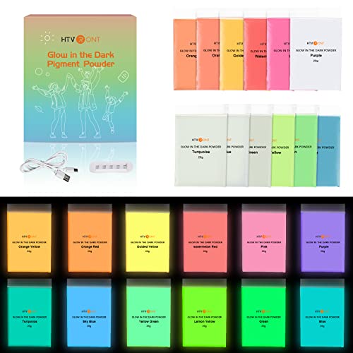 HTVRONT Glow in The Dark Pigment Powder (12 colors, 0.7oz/20g Each), Glow in The Dark Resin Pigment with UV Lamp, Glow in the Dark Mica Powder for Epoxy Resin/Acrylic Nails/Bath Bomb, etc.