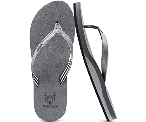 KuaiLu Womens Arch Support Flip Flops Comfortable Yoga Mat Cushion Slip on Walking Thong Sandals Grey Size 6.5