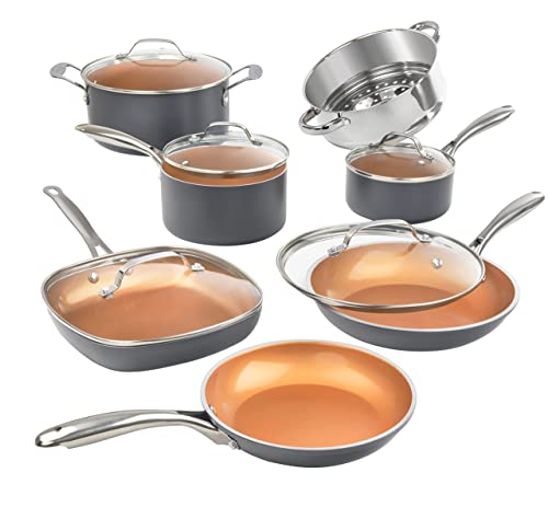 Gotham Steel 12 Pc Ceramic Pots and Pans Set Non Stick, Kitchen Cookware Sets, Pot and Pan Set, Ceramic Cookware Set, Non Toxic Cookware Set, Non Stick Pots and Pan Set, Oven Dishwasher Safe - Copper