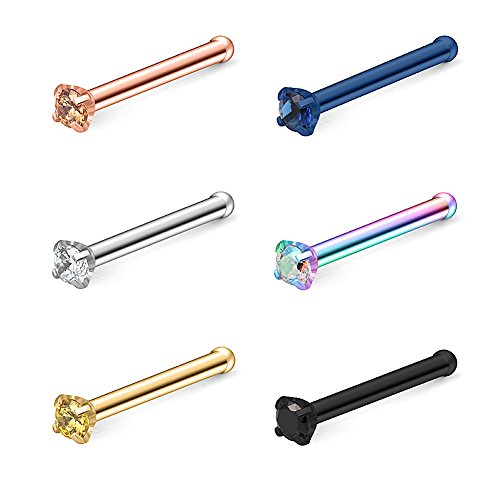 Ruifan 6PCS 22G Surgical Steel Mix Color Diamond CZ Nose Stud Rings Bone Pin Piercing Jewelry 1.5mm