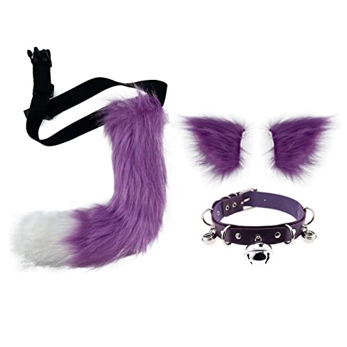 LittleLuluda Faux Fur Cat Ears Hair Clip Furry Wolf Fox Tail Halloween Bell Leather Neck Chocker Cosplay Set (Purple)