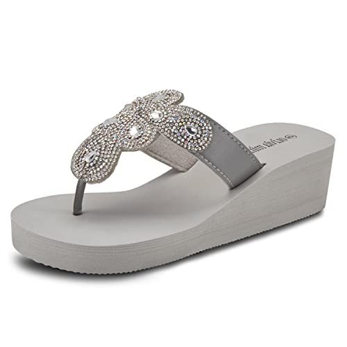 Olivia Miller Women’s Fashion Ladies Shoes, Grey PU Vegan Leather Bling Sparkling Jewel Rhinestones Flip Flops T-Strap Thong Style Slip On Casual Dressy Summer Beach 2 Inch EVA Platform Wedge Slide Sandals