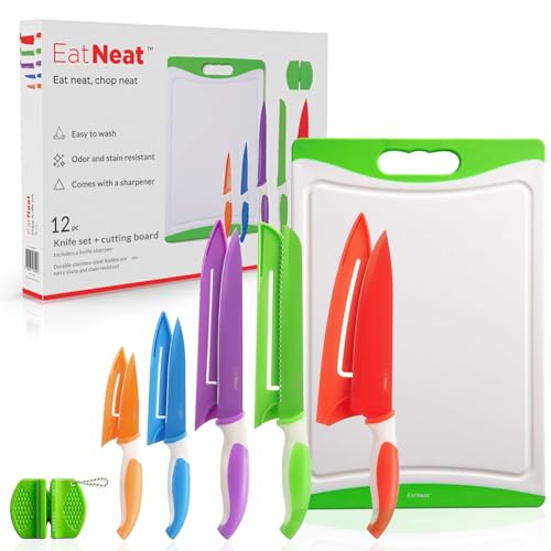 EatNeat 12 Piece Kitchen Knife Set - 5 Multi Color Stainless Steel Knives with Safety Sheaths, a Cutting Board, and a Sharpener | Knives Set | Kitchen Essentials | Camping Essential | Christmas Gift
