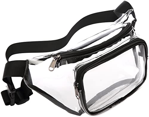 Veckle Clear Fanny Pack Stadium Approved - Fanny Packs for Women Men Water-resistant Waist Bag, Clear Purse Transparent Adjustable Belt Bag for Sports, Travel, Beach, Events, Concerts Bag, Black