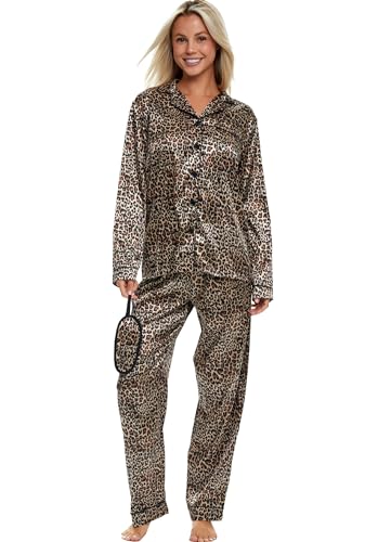 Alexander Del Rossa Women's Satin Pajamas Lounge Set, Long Sleeve Top, Pants with Pockets, Silk PJs with Matching Sleep Mask Leopard Print Small (A0750W10SM)