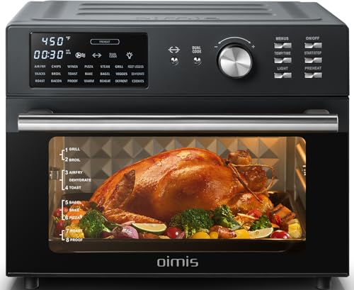OIMIS Air Fryer Toaster Oven, 32QT Toaster Oven 21-in-1 Extra Large Countertop Convection Rotisserie Oven Patented Dual Air Duct System with 8 Accessories Recipes Grey