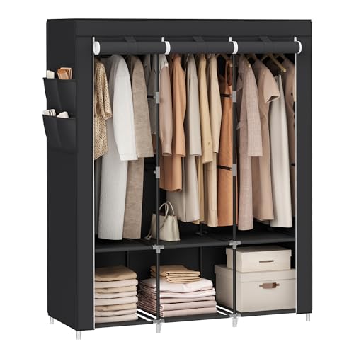 SONGMICS Portable Closet, Wardrobe Closet Organizer with Cover, 3 Hanging Rods and Shelves, 4 Side Pockets, 51.2 x 17.7 x 65.7 Inches, Large Capacity for Bedroom, Living Room, Black URYG092B02