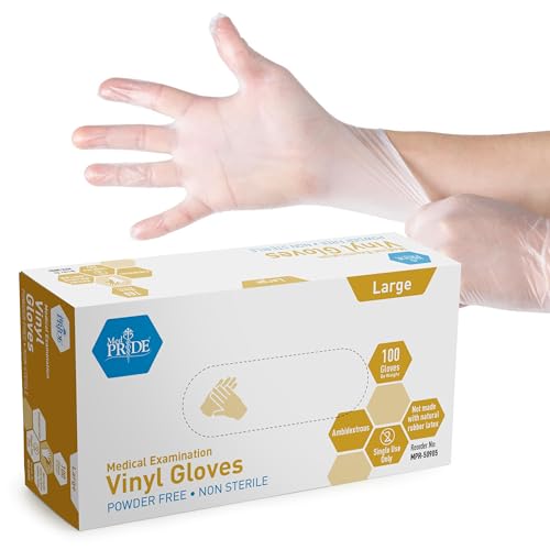 MED PRIDE Medical Vinyl Examination Gloves (Large, 100-Count) Latex & Rubber Free, Ultra-Strong, Clear Disposable Powder-Free Gloves for Healthcare & Food Handling Use