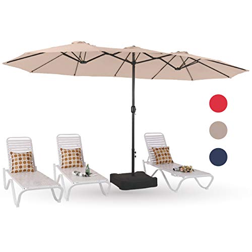 PHI VILLA 15ft Large Patio Umbrellas with Base Included, Outdoor Double-Sided Rectangle Market Umbrella with Crank Handle, for Poolside Lawn Garden, Beige