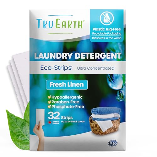 Tru Earth Compact Dry Laundry Detergent Sheets - Up to 64 Loads (32 Sheets) - Paraben-Free - Original Eco-Strip Liquidless Laundry Detergent, Travel Laundry Sheets - Fresh Linen