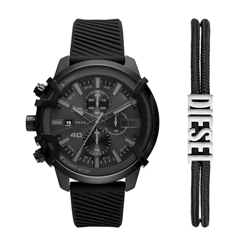 Diesel Men's 48mm Griffed Chronograph Black Silicone Band Watch and Bracelet Gift Set (Model: DZ4650SET)