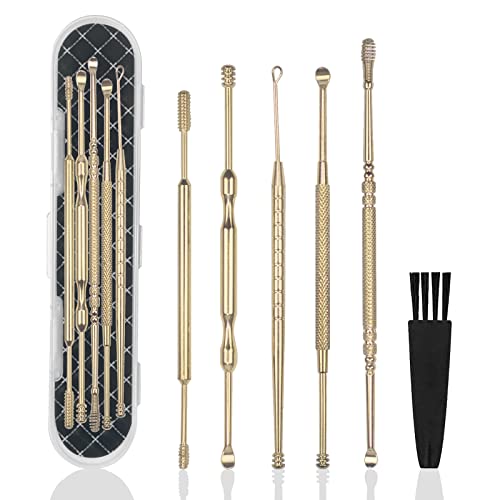 6 Pcs Ear Wax Removal Kit,Professional Double-Headed Ear Pick Earwax Removal Tools,316L Stainless Steel Ear Cleaner Curette with Cleaning Brush and Storage Box,Suit for Kid Adult(Gold)
