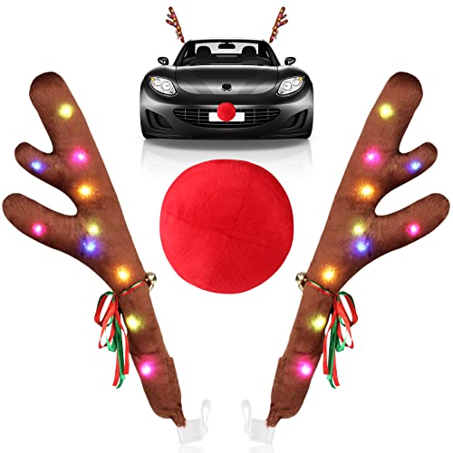 ovsor Christmas Reindeer Car Kit - Car Reindeer Antlers & Nose for Car Decorations, Sturdy Rudolph Reindeer Antler with LED, Jingle Bells, Car Reindeer Antlers for Any Vehicle Decorations