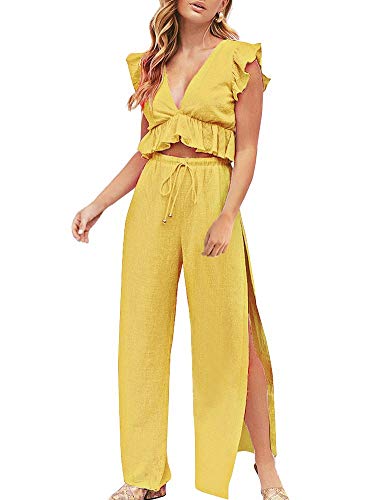 FANCYINN Womens 2 Pieces Outfits Deep V Neck Crop Top Side Slit Drawstring Wide Leg Pants Set Jumpsuits Turmeric L