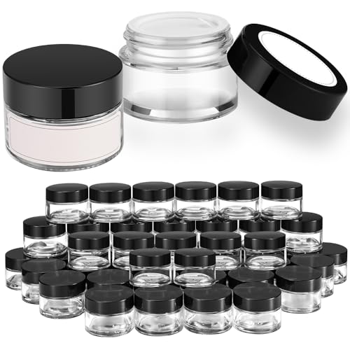 1 oz Small Glass Jars, Bumobum 48 pack Empty Round Clear Jars with Black Lids, White Labels & Inner Liners, Mini Cosmetic Containers for Cream, Lotion