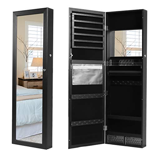 LAVIEVERT Jewelry Armoire Lockable Jewelry Cabinet 47.2' H Wall/Door Mounted Jewelry Display Organizer with Full Length Mirror, Interior Makeup Mirror, Drawers, Spacious Storage - Black
