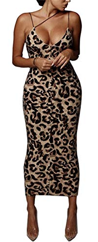 PRIMODA Women's Sexy Neon Asymmetrical Spaghetti Strap Dress Deep V-Neck Sleeveless Bodycon Midi Club Dress (Medium, Leopard)