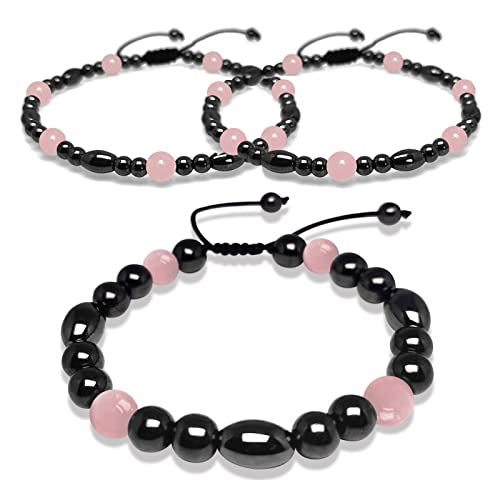 Hion 2 Pack Magnetic Therapy Anklet Bracelet Plus 1 Pack Magnetic Bracelet for Women/Men Pain Relief,Anxiety, Love Attraction, Magnetic Therapy Hematite Rose Quartz Gemstone Anklet Bracelet Set