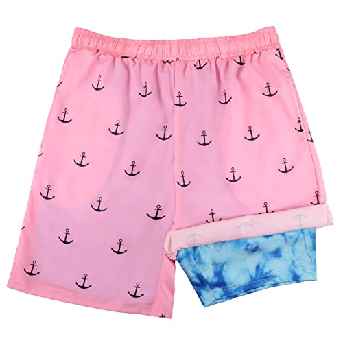 Ferriweel Men's Swim Trunks Quick Dry Swimwear Printed Beach Shorts with Compression Liner Zipper Pocket Pink Small