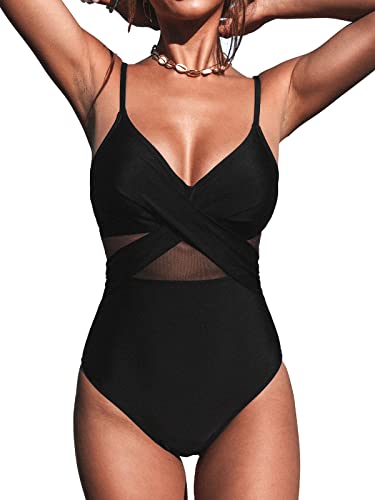 CUPSHE Women V Neck One Piece Swimsuit Wrapped Mesh Tummy Control Bathing Suit with Adjustable Spaghetti Straps, M Black