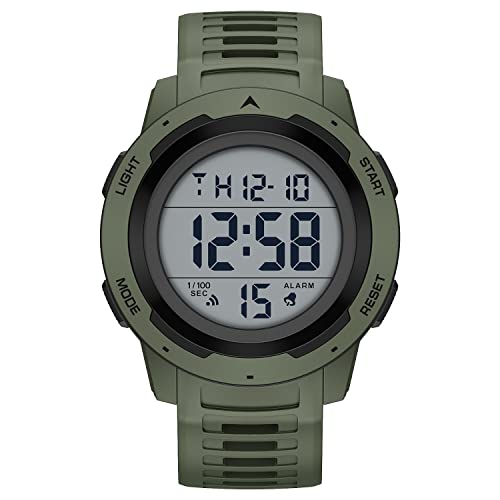 GOLDEN HOUR Mens Waterproof Digital Sport Watches Wide Screen Easy Read Display Military Style with Green Rubber Strap